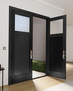 two black doors open in an empty room