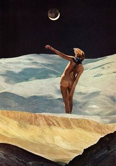 a nude woman standing on top of a mountain under a moon filled sky with mountains in the background