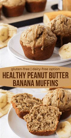 healthy banana muffins with peanut butter drizzled on top and sliced bananas in the background