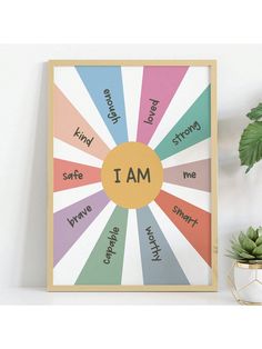 a colorful poster with the words i am on it next to a potted plant