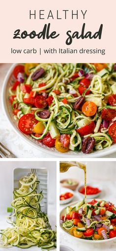 a collage of photos showing different types of salads and the words healthy zoodle salad