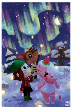 two cartoon characters are standing in the snow with an aurora bore behind them and one is holding