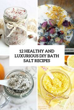 there are many different types of bath salts in glass jars with lemons on the side