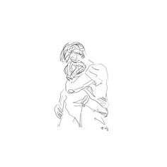 a black and white drawing of two people hugging