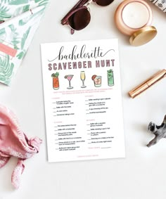 the bachelor scavender hunt printable is displayed on a table next to other items