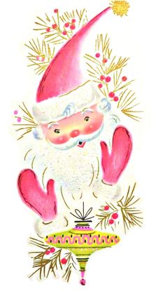 an old fashioned christmas card with santa clause on the front and bottom, in pink