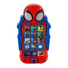 a red and blue phone with spiderman on it's face, in front of a white background