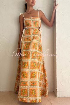 Orange Summer Printed Linen Blend Cutout Tie-up Design Maxi Dress – roschic Dresses Vacation, Tie Maxi Dress, Orange Print, Camisole Dress, Vacation Wear, Strappy Dresses, Skirt Style, Summer Prints, Vestido Casual