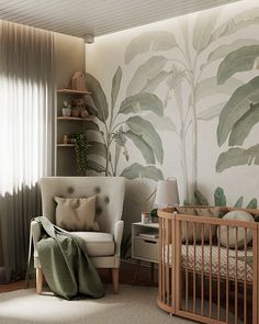 a baby's room with a chair, crib and wallpaper