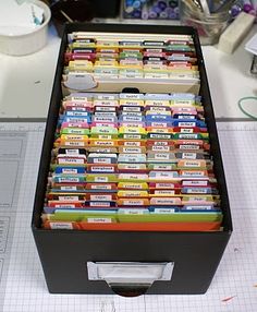 a box filled with lots of books sitting on top of a table