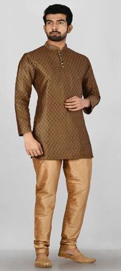 Gold color Kurta Pyjamas in Dupion Silk fabric with Embroidered, Thread work Jamawaar Fabric, Dupion Silk, Thread Work, Silk Fabric, Brown Color, Gold Color, Thread, Silk, Fabric