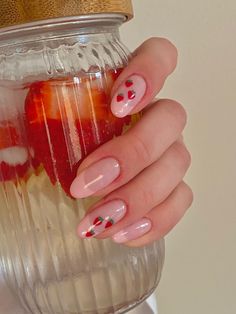 nails inspo red green strawberry 🍓 summer nail ideas pink french nail style Strawberry Nails Simple, Strawberry Nails, Nail Candy, Almond Acrylic Nails