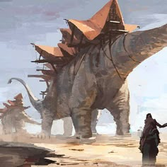 an artist's rendering of a giant dinosaur in the desert with people standing around it