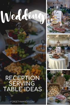 wedding reception serving table ideas with grapes, cheeses and other food on the table