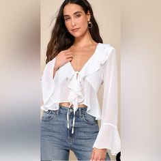 Lulus Tie Front Ruffle Top, Tie Up Long Sleeve Top, White Loose Crop Top Outfit, Flowy Tie Top, Ruffle Tie Top, Tie Up Front Top, Ruffle White Top, Feminine Chiffon Blouse For Brunch, Trendy Chiffon Blouse For Brunch