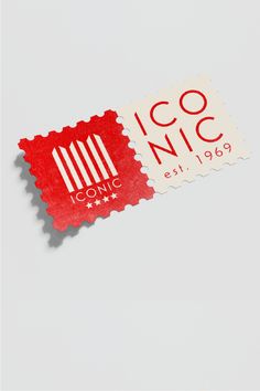 two red and white stamps with the word icc on them