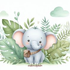 an elephant is sitting in the middle of some leaves and has a tag on it's chest