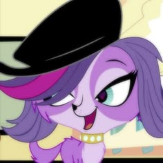 an animated pony with purple hair and big eyes wearing a black hat, looking at the camera