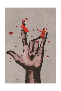 a hand with two people on top of it and hearts flying out of the palm