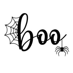 the word boo written in black ink with a spider on it's web,