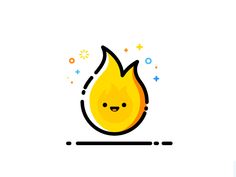 a yellow flame with a face on it's side and stars around the edges