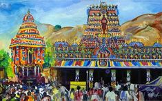 an oil painting on canvas of a colorful temple in india with people walking around it