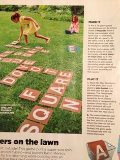 an article in the paper features children playing on lawn tiles with letters spelling out numbers