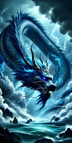 a blue dragon is flying through the sky above clouds and water, with lightning behind it