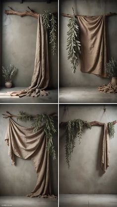 four different shots of curtains with plants hanging from them