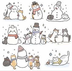 snowmen and cats are sitting in the snow