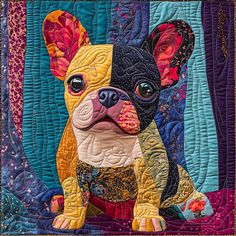 a small dog sitting on top of a colorful quilted wallhange with an image of a french bulldog in the center