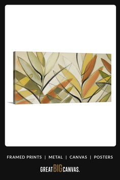 a painting with leaves on it and the words, framed prints metal canvass posters