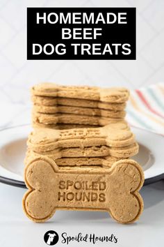 homemade beef dog treats stacked on top of each other with the title above it