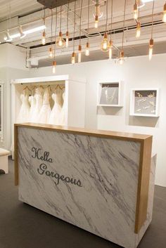 the front desk of a bridal gown shop