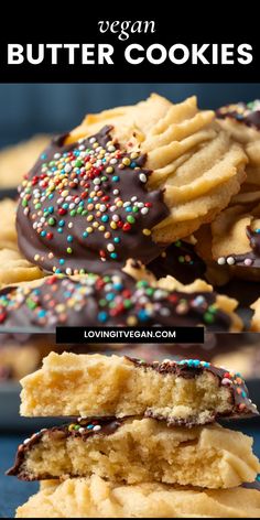 vegan butter cookies with chocolate frosting and sprinkles are stacked on top of each other