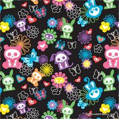 a black background with skulls, flowers and hearts on the bottom half of each square