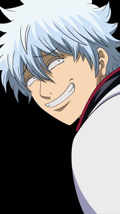 an anime character with white hair and blue eyes looking to his left, while smiling