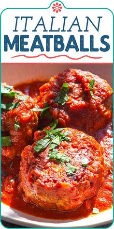 italian meatballs with tomato sauce and parsley in a white bowl on a table