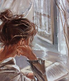 a painting of a woman reading in front of a window