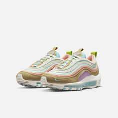 Style No. DQ4126-400 Color: Copa/Wheat Grass/Madder Root/Sail The Nike Air Max 97 SE brings beach-day vibes to an original design inspired by high-speed bullet trains. Beach holiday-inspired colors, fun graphics and a bamboo-style font deliver a summery, retro feel. The full-length Max Air unit brings you soft, lasting comfort. A foam midsole feels springy and cushy. Nike Air Max 97 SE Big Kids' Shoes. Madder Root, Chanel Perfume, Wheat Grass, Nike Air Max 97, Summer Ready, Hoka Running Shoes, Jordan Shoes, Sock Shoes, Tennis Shoes