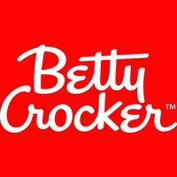 the betty crocker logo is shown on a red background with white lettering that reads,