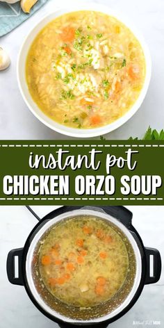 instant pot chicken orzo soup in a white bowl