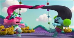 two cartoon characters are dancing in the middle of an animated scene, one is holding a pom - pom