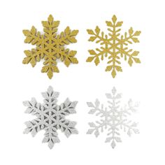 three snowflakes are shown in gold, silver and white on a white background