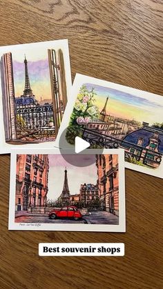 three postcards with the words best souvenir shops written in french on them