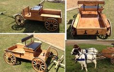 an old fashioned wooden horse drawn carriage in various stages of being pulled by a dog