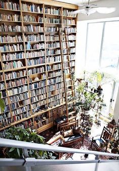 a room filled with lots of books next to a window