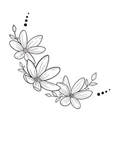 a line drawing of three flowers on a white background with black dots in the middle