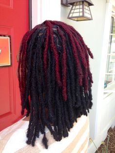 Red And Black Dreads Black Women, Red And Black Dreadlocks, Dark Red Locs Men, Red And Black Dreads, Red And Black Locs, Dark Red Locs, Dread Colors, Black Locs, Locs Color