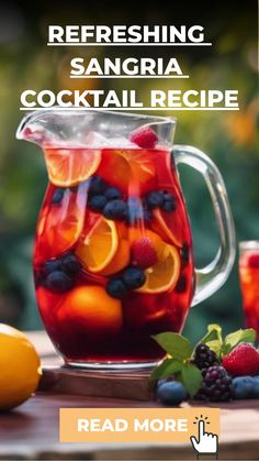 Refreshing pitcher of sangria with oranges, berries, and ice, accompanied by a "Read More" button. Fruity Sangria Recipes, Summer Sangria Recipes For A Crowd, Sangria Recipes For A Crowd, Homemade Sangria Recipe, Simple Sangria Recipe, Sangria For A Crowd, Sangria Recipes Easy, Recipe For Sangria, Fruity Sangria